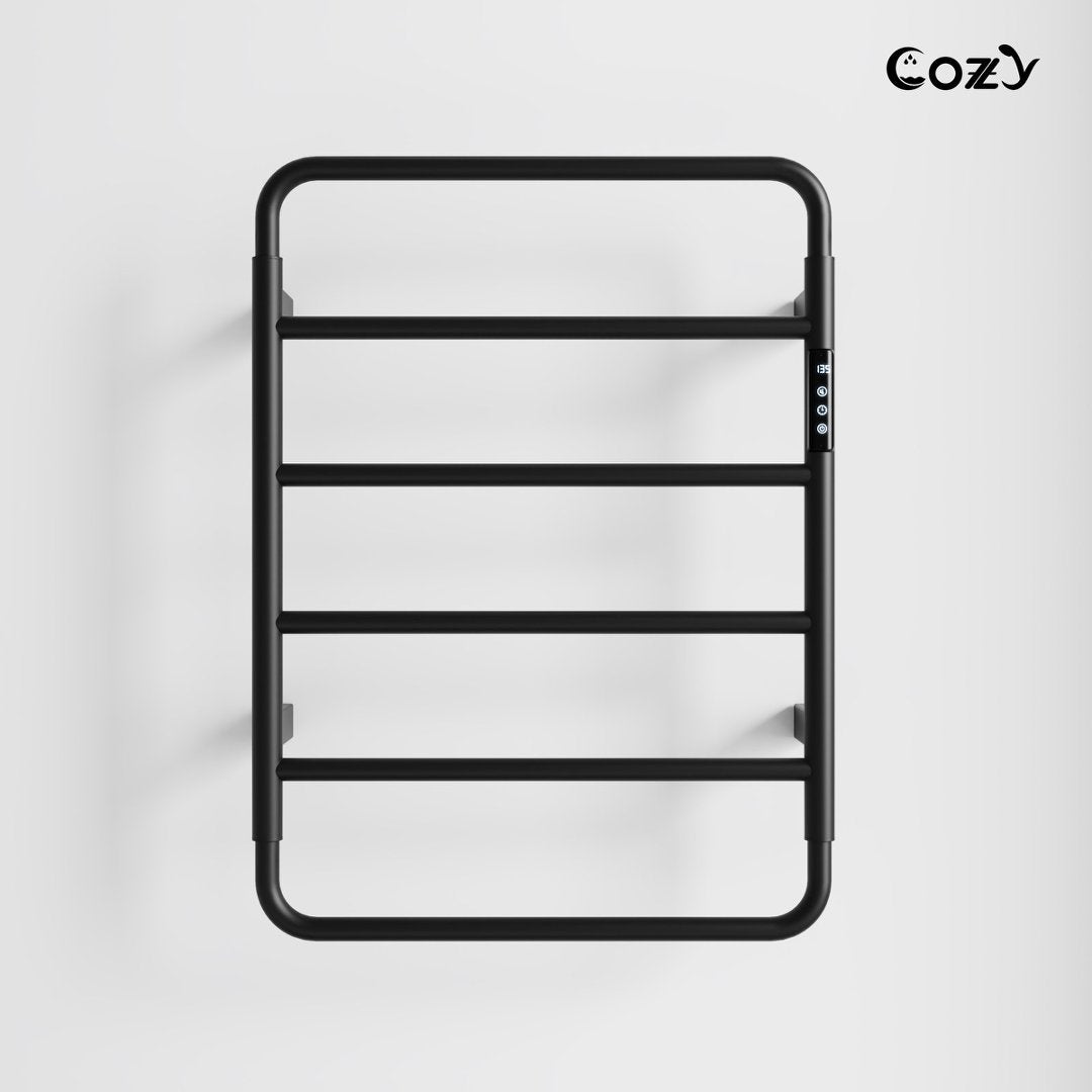COZY Smart Electric Wall Mounted Towel Warmer with Shelf – 6-Bar Heated Drying Rack, 60W, LED Display, Timer & Temp Control, Plug-In or Hardwire, Brushed Black