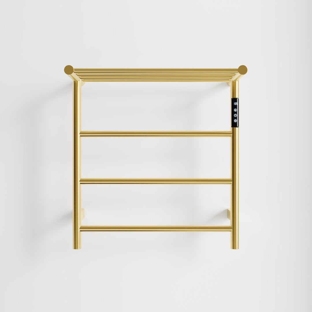 COZY Smart Electric Wall Mounted Towel Warmer with Shelf – 4-Bar Heated Drying Rack, 70W, LED Display, Adjustable Timer & Temp, Plug-In or Hardwire, Brushed Gold